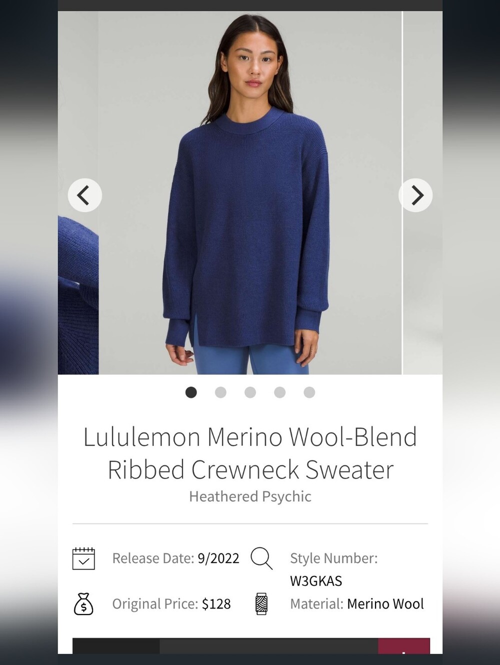 Lululemon Merino Wool-Blend Ribbed Crewneck Sweater Heathered Psychic Blue sz. 6